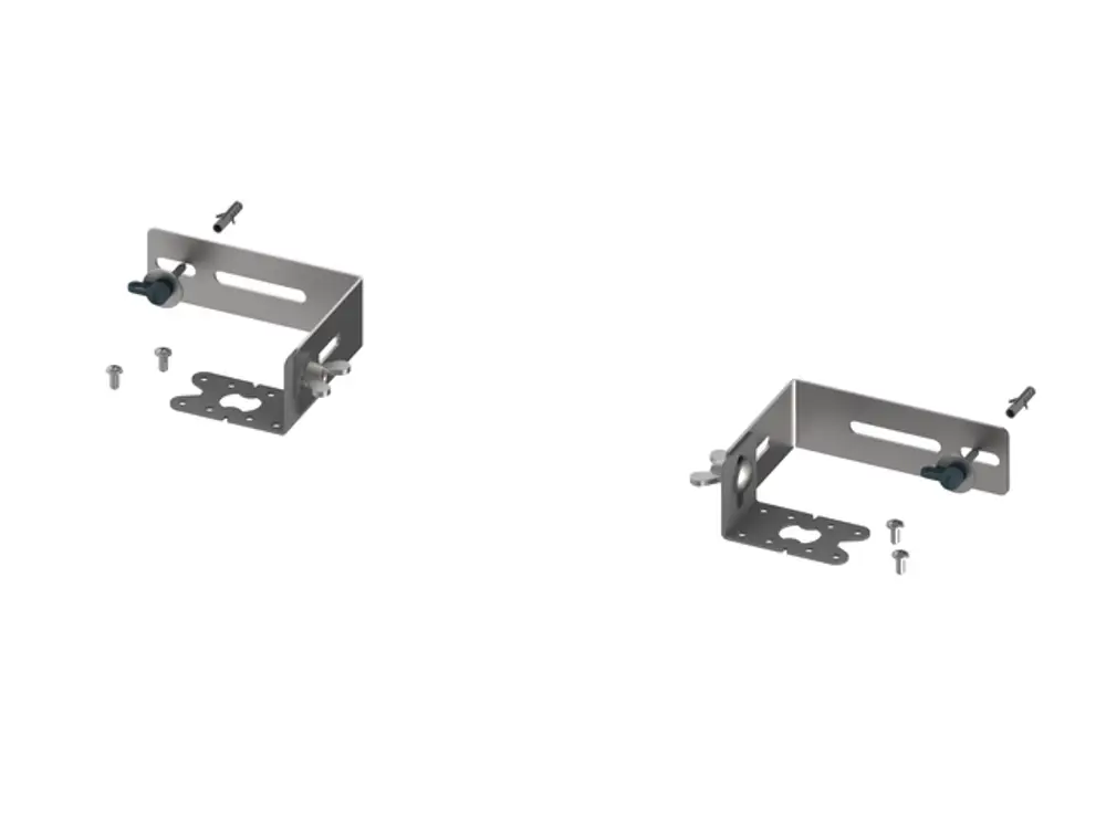 Montagehalter aus Metall von TECE, bestehend aus einem L-förmigen Teil mit mehreren Befestigungslöchern und Schrauben, geeignet für Wand- und Bodenmontage.